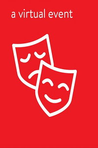 a virtual event; drawing of sad and smiling theatre masks in white on red background 