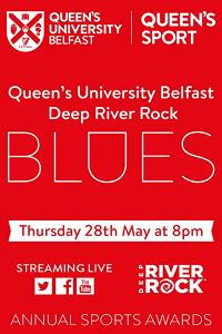 Queen's University Belfast Deep River Rock Blues advert, white on red 