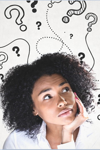 Young woman resting her chin on her hand, looking up at thought bubbles with question marks