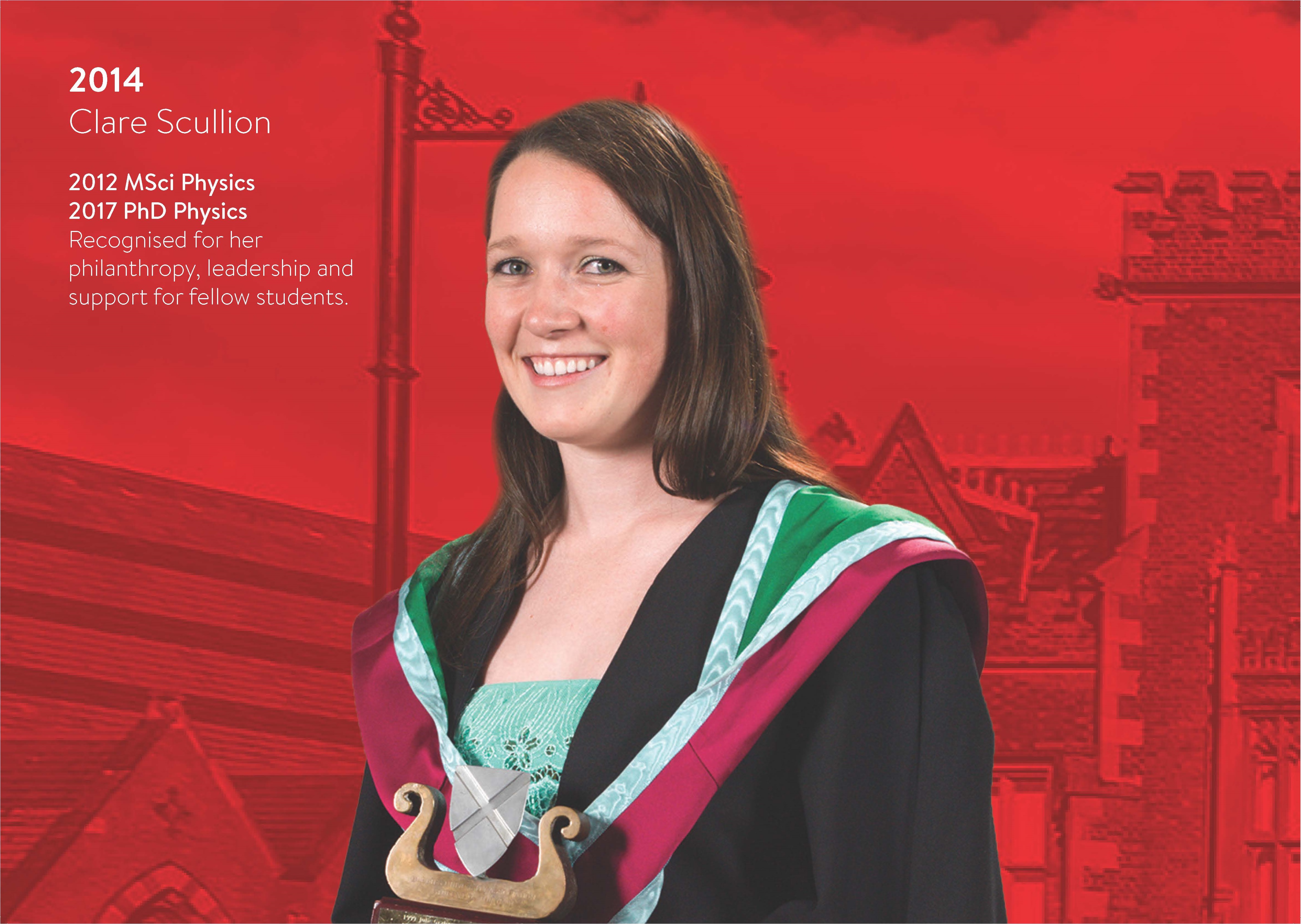 Photo of 2014 Student of the Year winner Clair Scullion in graduation gown with short biog