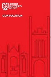 Queen's University Belfast Convocation, partial drawing of Lanyon Building on red background