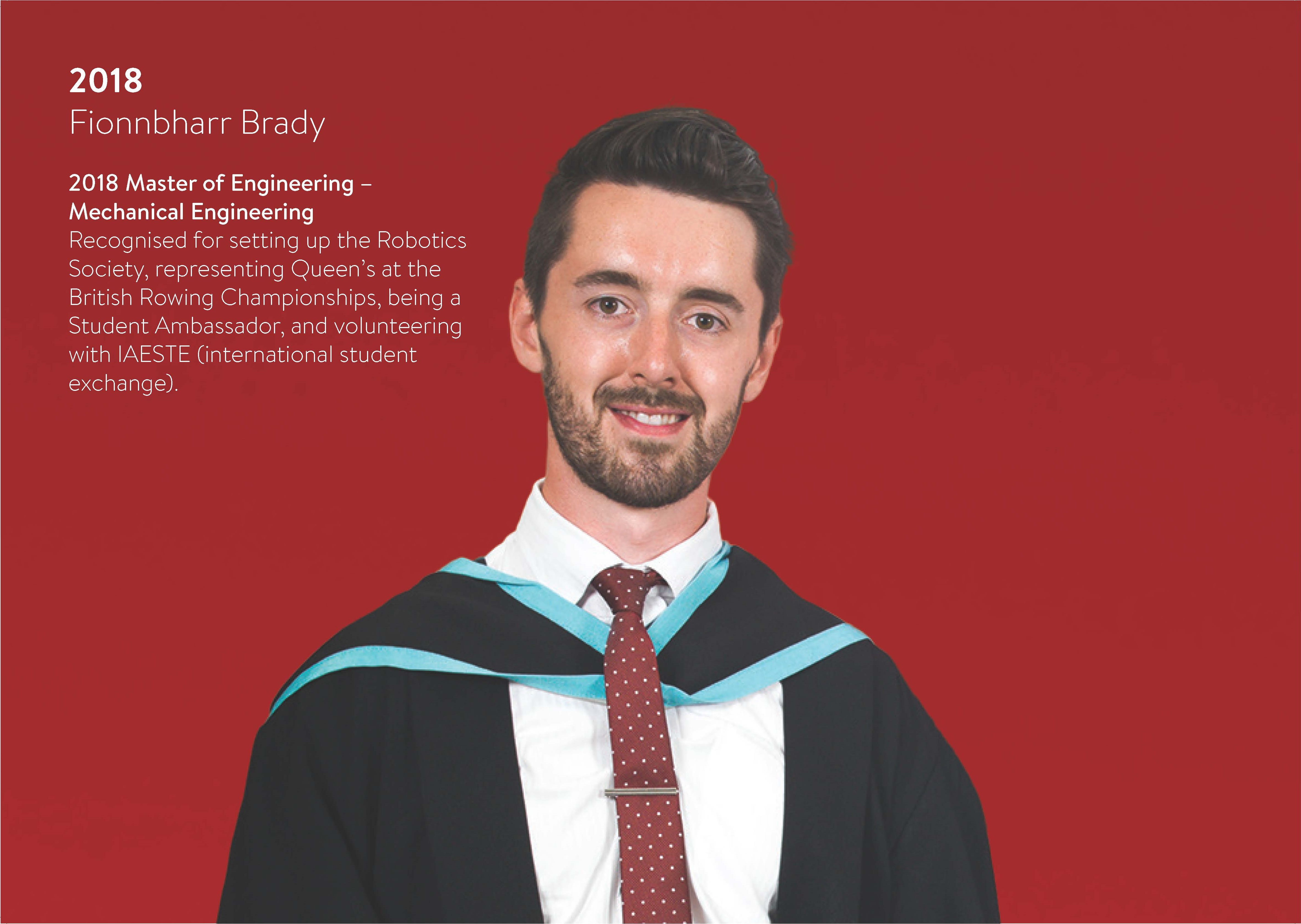 Photo of 2018 Student of the Year Winner Fionnbharr Brady in graduation gown with short biog