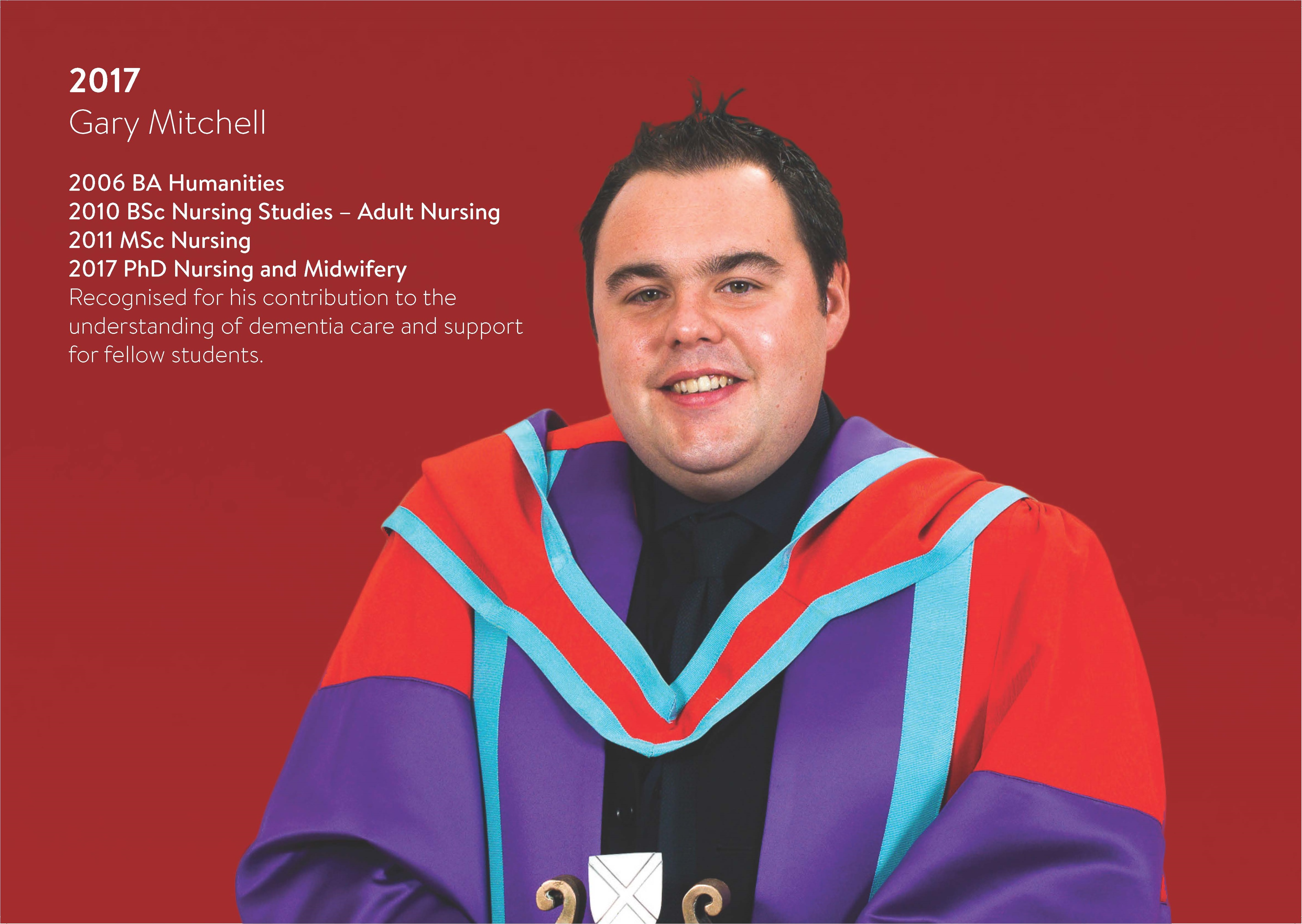 Photo of 2017 Student of the Year winner Gary Mitchell in graduation gown with short biog