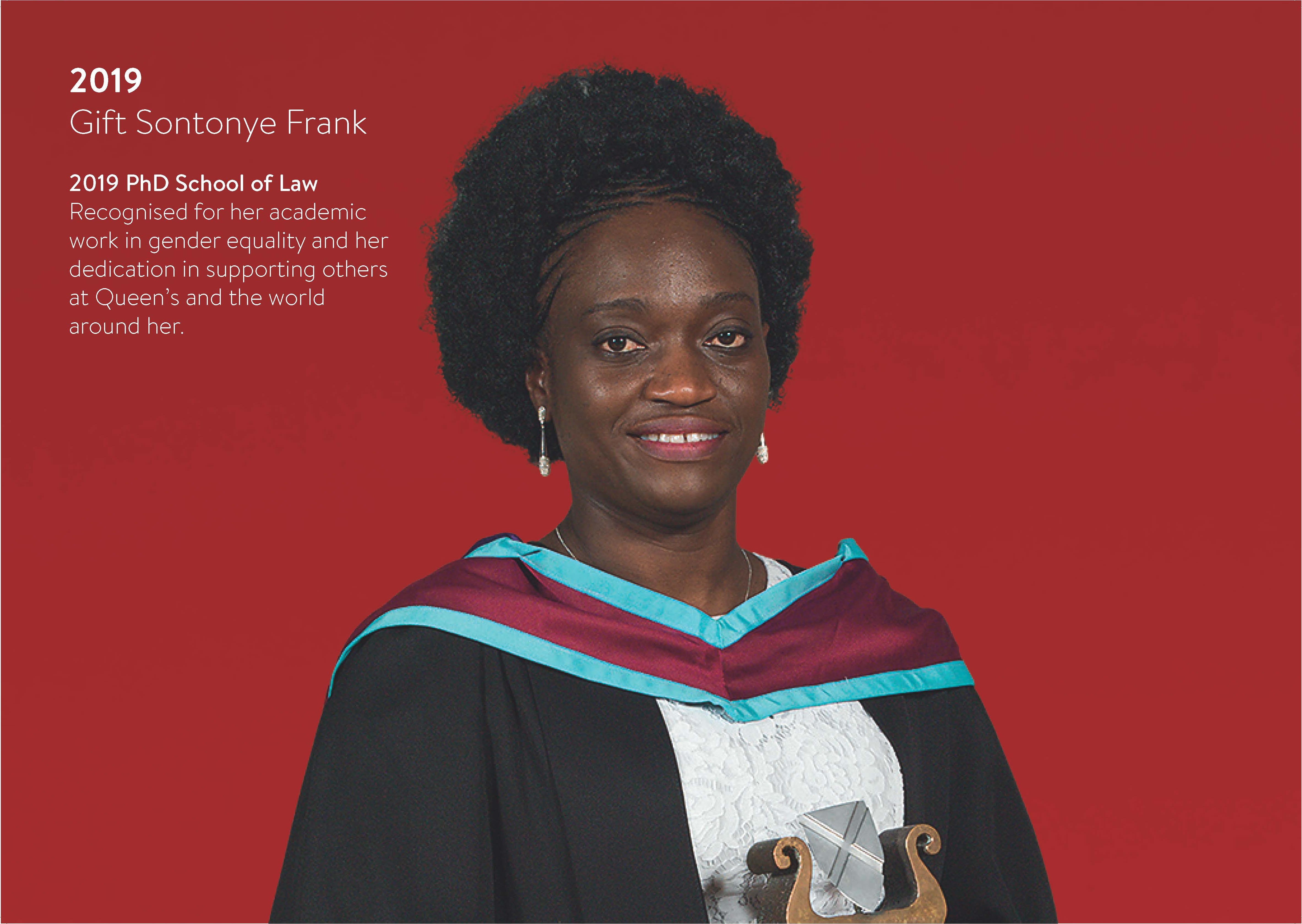 Photo of Gift Sontoye Frank in graduation gown with short biog