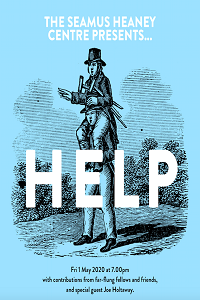 The Seamus Heaney Presents... Help advert. Drawing of man carrying man with crutches on his shoulders 