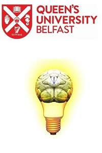Queen's University Belfast shield, light bulb lit with brain inside