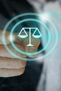 Attorney scales symbol in a blue infographic with a man pointing behind towards them.