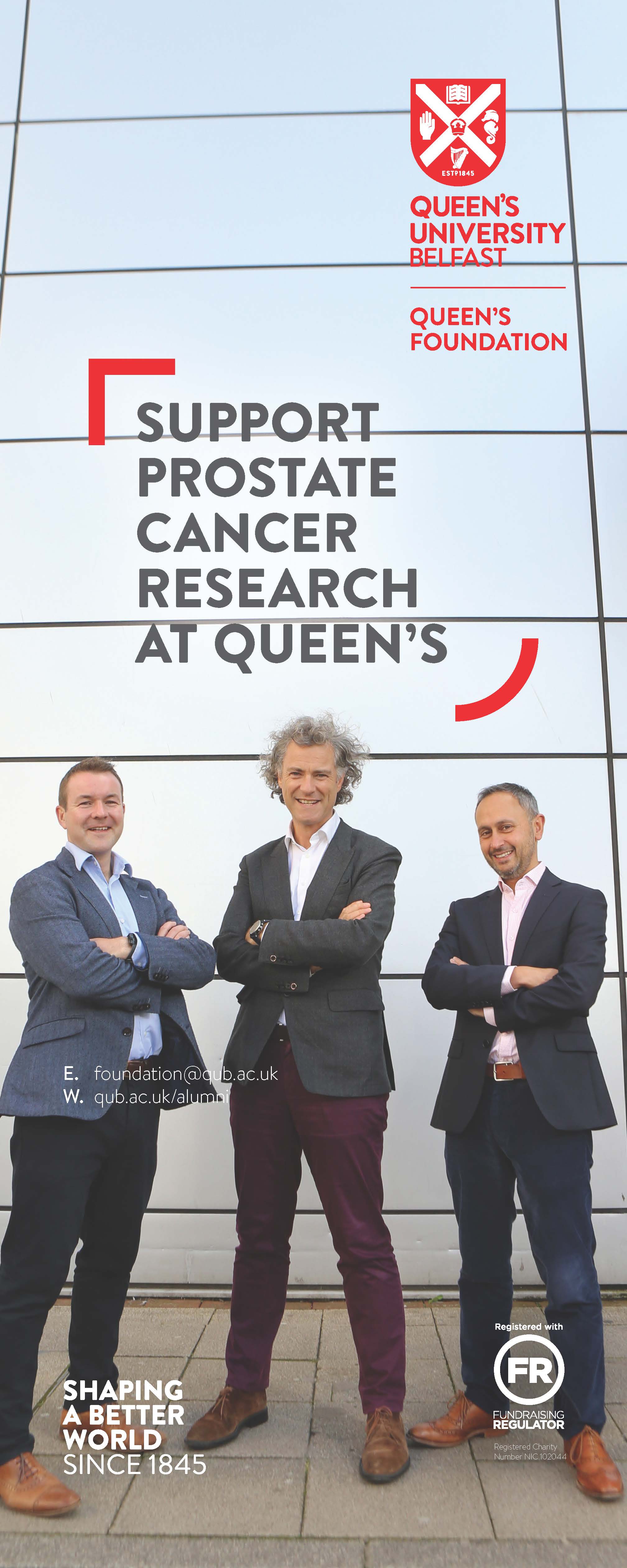 Three cancer researchers standing outside the Patrick G Johnson Centre for Cancer Research