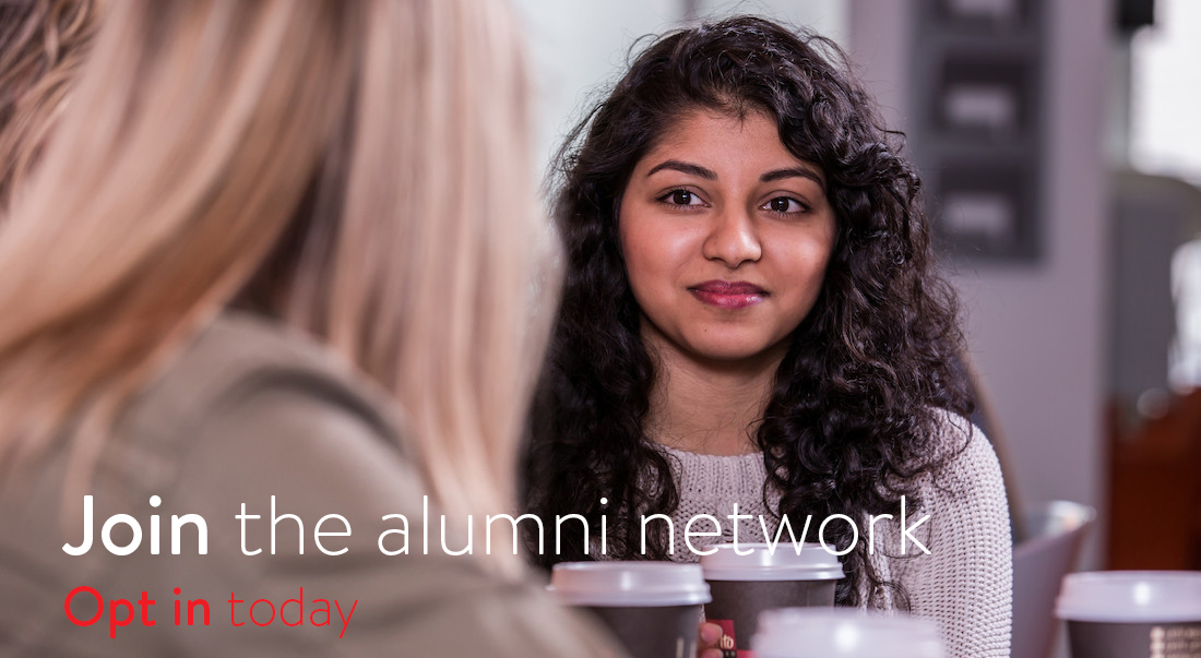 Join the alumni network, Opt in Today text on image of two women, one facing camera, theother with her back to it.