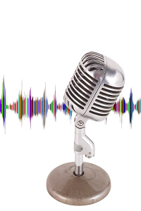 A microphone with a rainbow sound byte in the background.