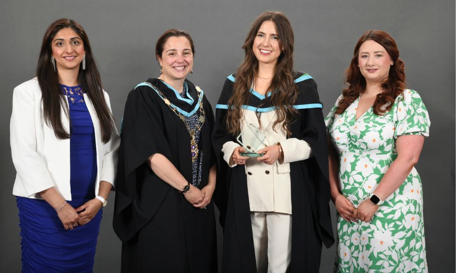 An image of a woman with text that says Dr Caroline McElnay 2022 Allstate NI Queen's Graduate of the Year. Logos of Allstate NI and Queen's University Belfast included.