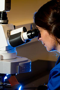 Woman examining an object through a microscope