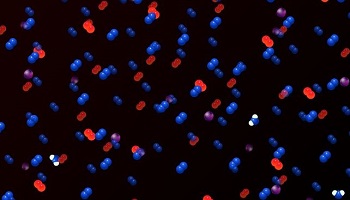 Air, thermodynamics depiction - blue and red dots against black background