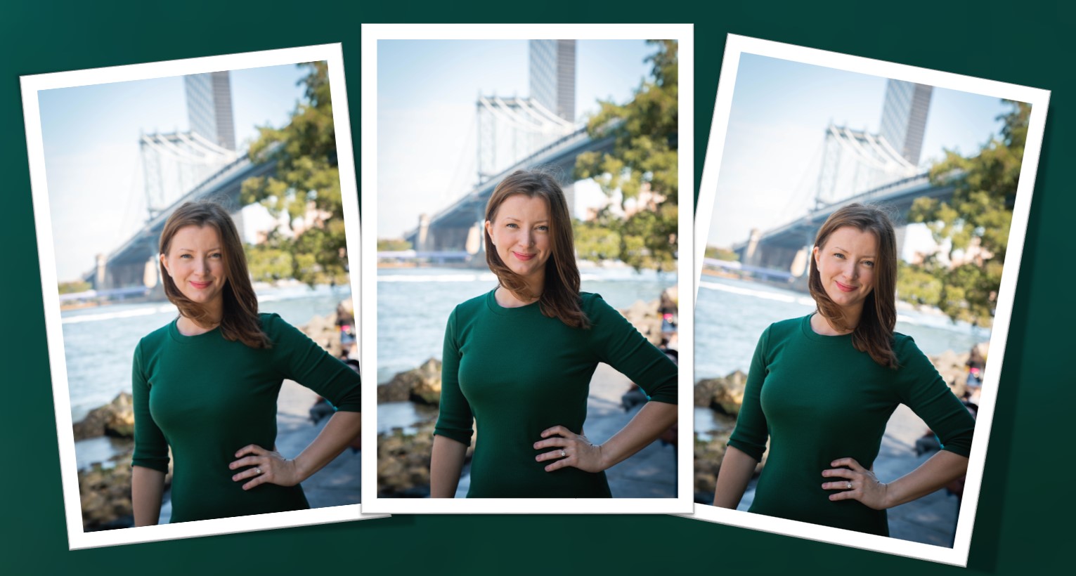 Christine McKenna-Tirella dressed in green with New York bridge in background