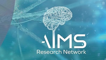 AIMS-RN logo incorporating line drawing of brain - on creative background of section of brain