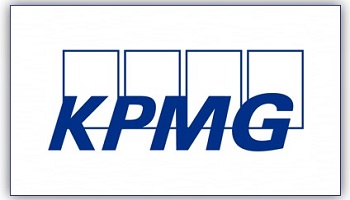 KPMG logo in blue uppercase letters, in italics, against four rectangles in background 