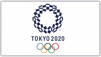 Tokyo 2020 Olympic Games logo comprising a circle of three varieties of rectangular shapes, represents different countries, cultures and ways of thinking, plus (beneath) 5 Olympic rings in red, yellow, blue, black and green