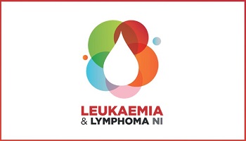 Leukaemia and Lymphoma NI logo - white droplet over red, green, blue, orange and pink circles