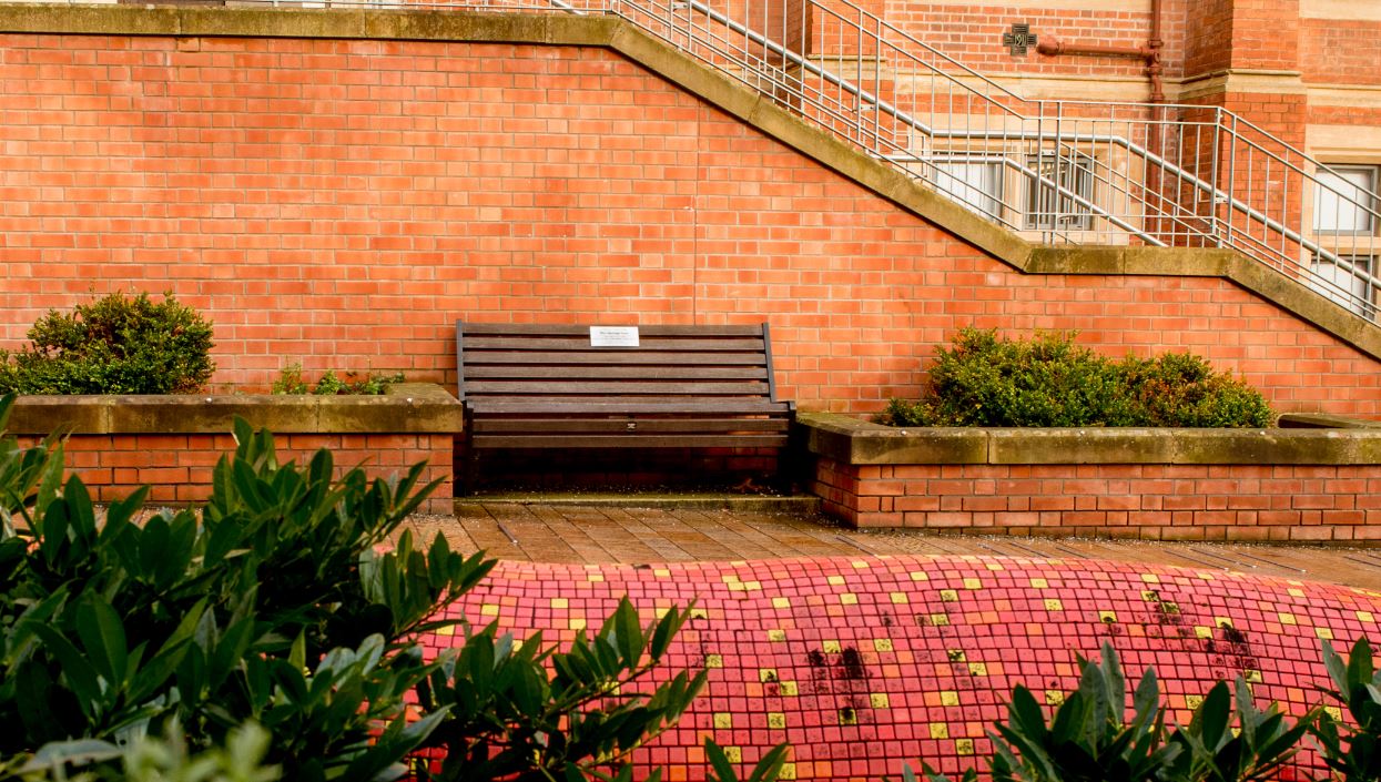 Bench with donor plaque affixed, in front of red brick wall outside the Physics and Maths Building at Queen's, with foliage around