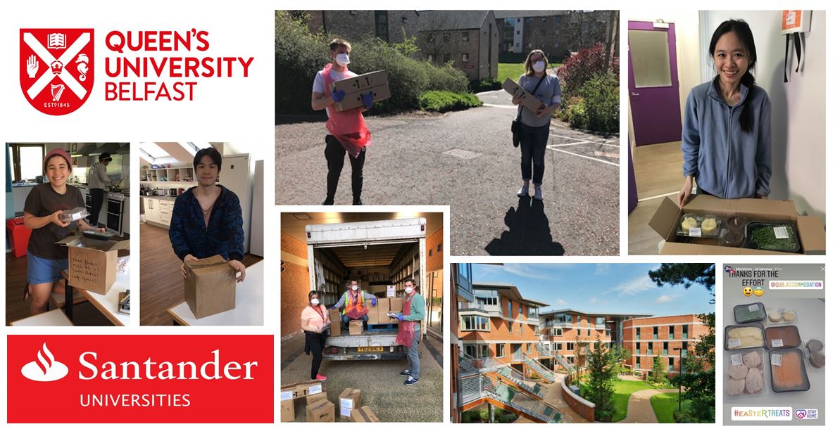 Collage of 8 staff and students making and receiving Santander meal deliveries in halls of residence