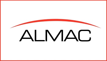 ALMAC logo with red crescent line above letters