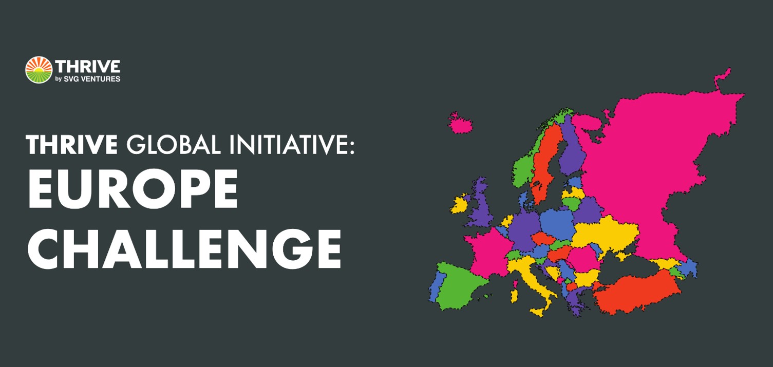 Thrive Europe Challenge wording in white on grey background and multicoloured map of European countries