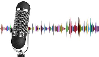 Microphone pictured in front of colourful frequency transmission depiction  