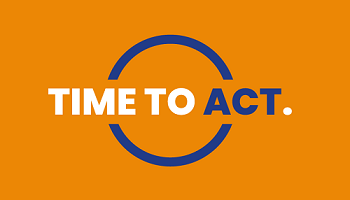 Time to Act logo - Time To lettering in white, Act in blue, full stop in white and circle in blue on mustard background 