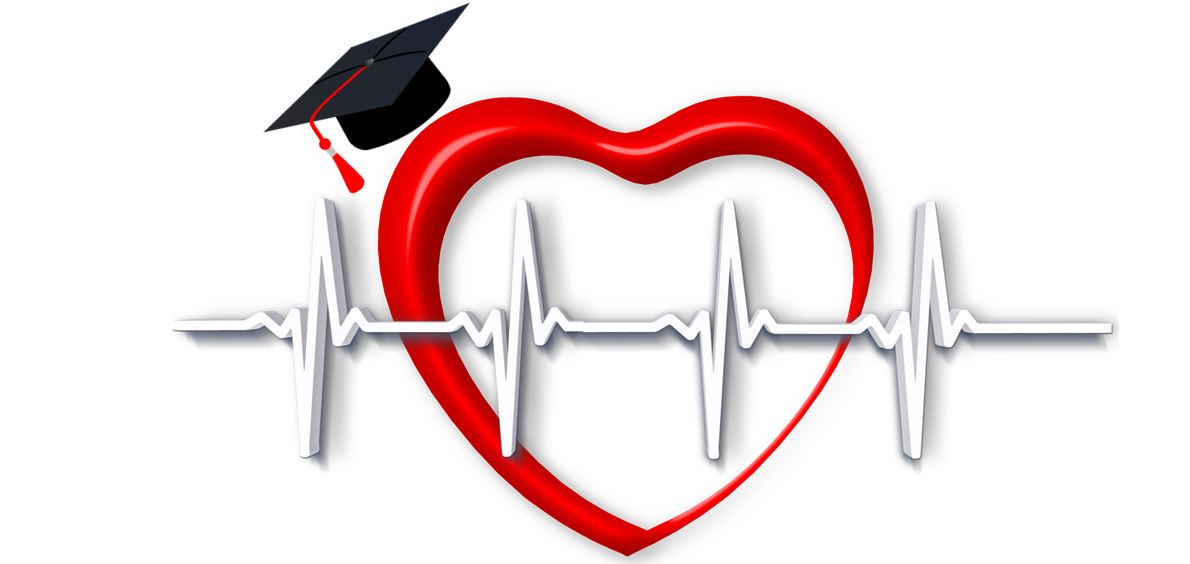 Artworked image of red heart outline over a heart beat with graduation mortar board 