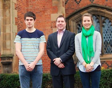 QGA President Jonny Hill with 2012-13 scholarship winners Dermot Dignam and Roisin Brown in front of the Lanyon Building.